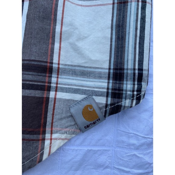 Carhartt Button Up Shirt Mens Medium Cream Brown Plaid Short Sleeve Relaxed Fit - Picture 3 of 10
